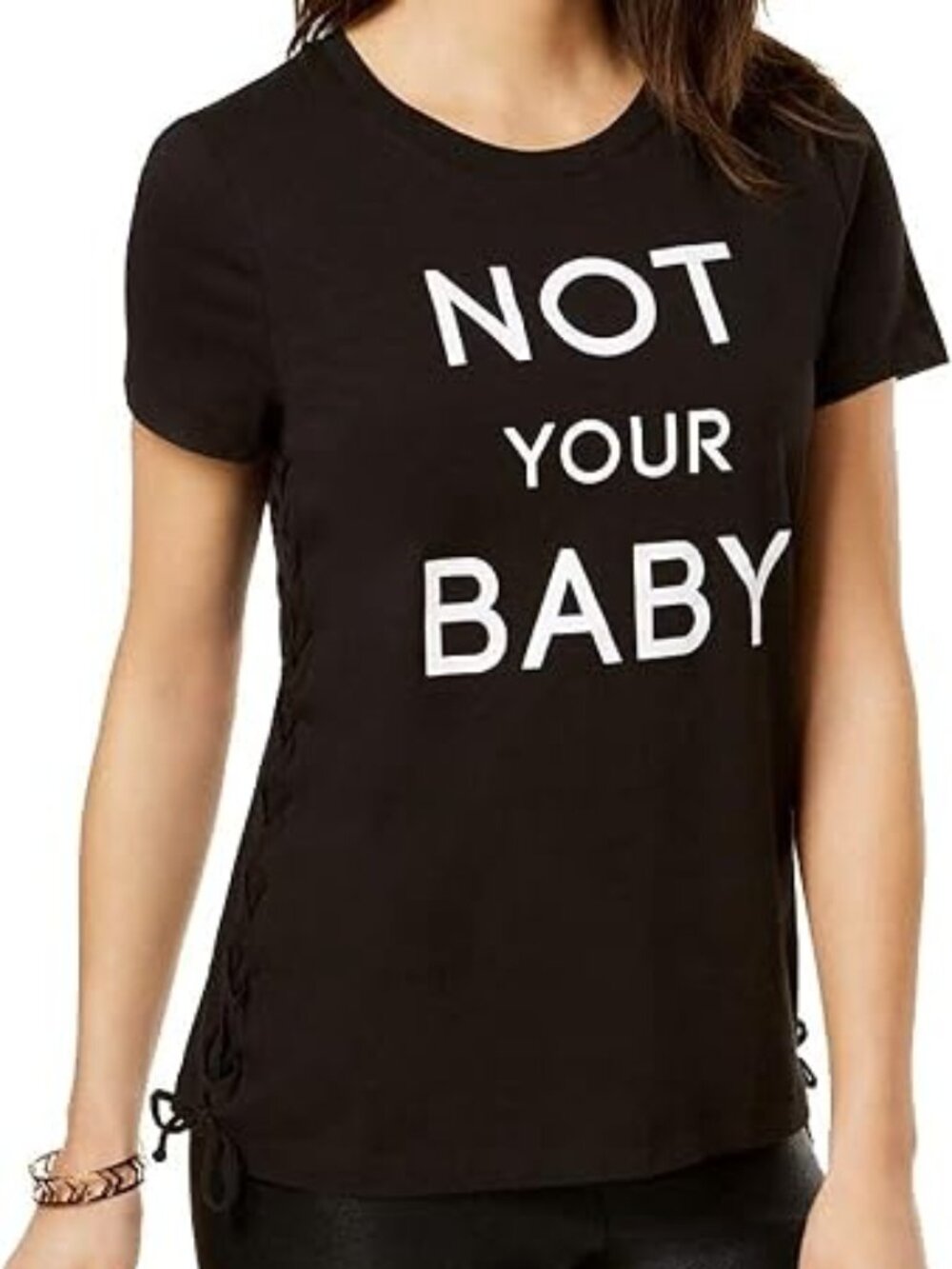 Rebellious One Womens Not Your Baby Lace Up Graphic T-Shirt